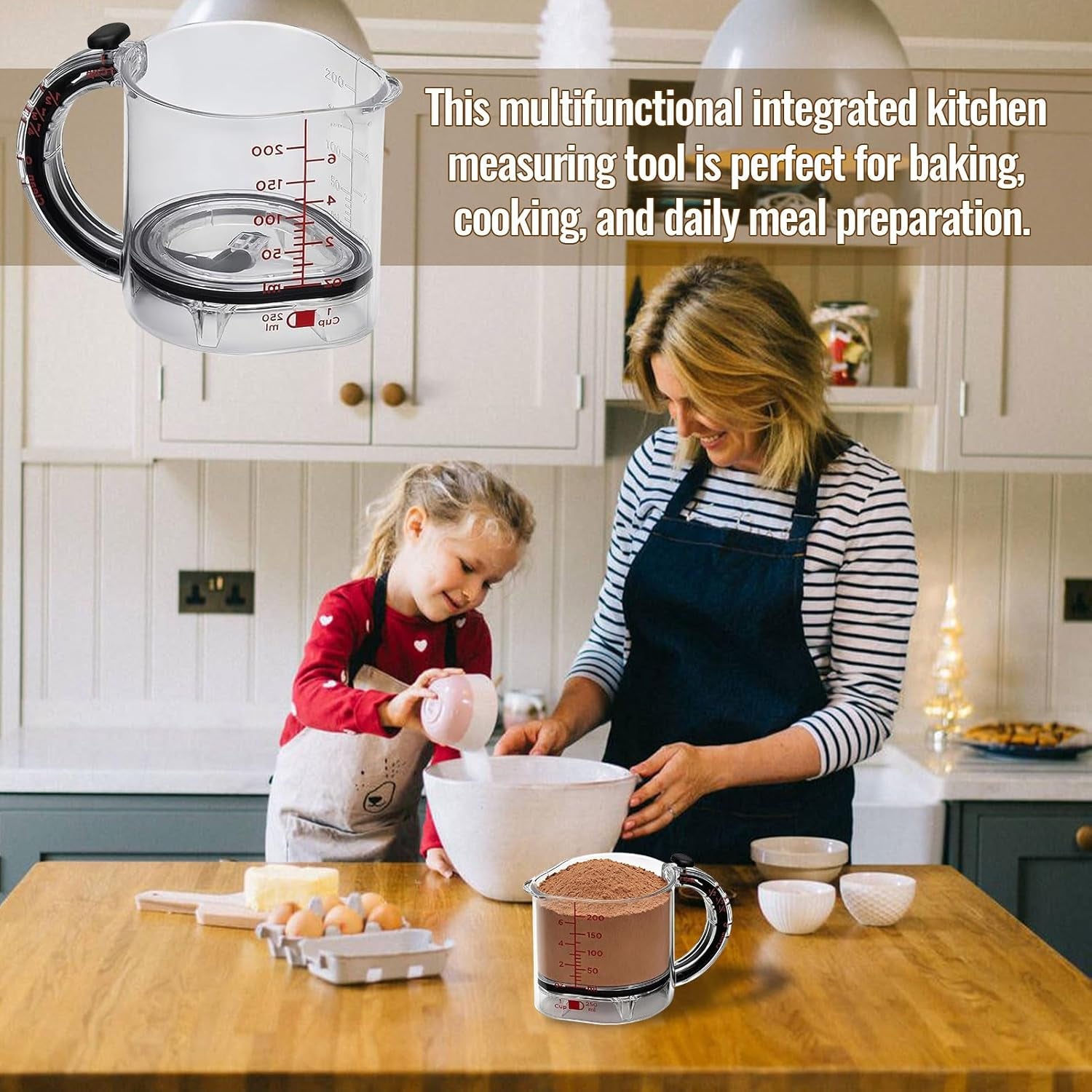 4 in 1 Adjustable Measuring Cup with Handle, All in One Adjustable Measuring Cup Multi-Functional Kitchen Tool with Push-Button, Space-Saving Multi Measurings Cubes for Cooking and Baking Ingredients