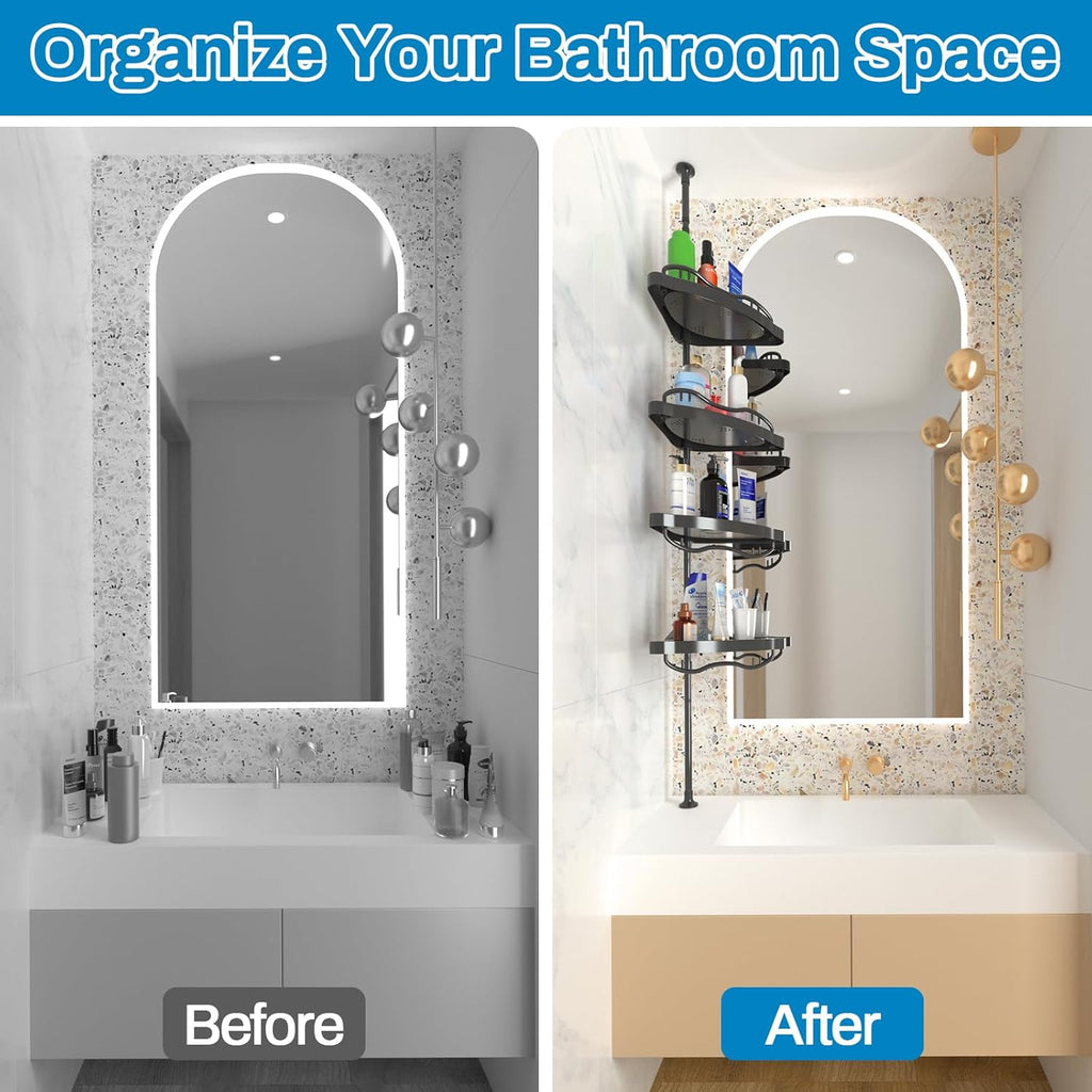 Shower Caddy Corner,142-317Cm Rustproof Tension Pole Corner Shower Caddy,Black Adjustable Shower Caddy with Drill Free Shower Shelves for Bathroom,Bathtub,Washbasin