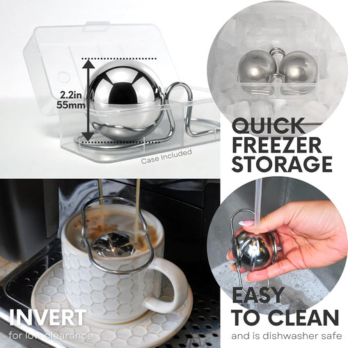 2 XL Frozen Coffee/Espresso Ball | Extract Chilling Tool with Stand & Pouch|2.6X Bigger (2.2"/55Mm) Stainless Steel Chiller Ball/Ice for Better Espresso/Iced Coffee (NOT Solid)(Removable Stand)