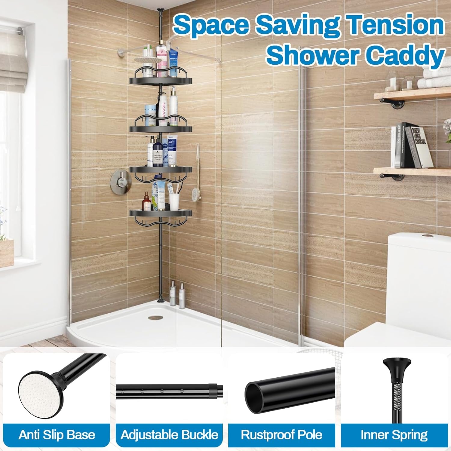 Shower Caddy Corner,142-317Cm Rustproof Tension Pole Corner Shower Caddy,Black Adjustable Shower Caddy with Drill Free Shower Shelves for Bathroom,Bathtub,Washbasin